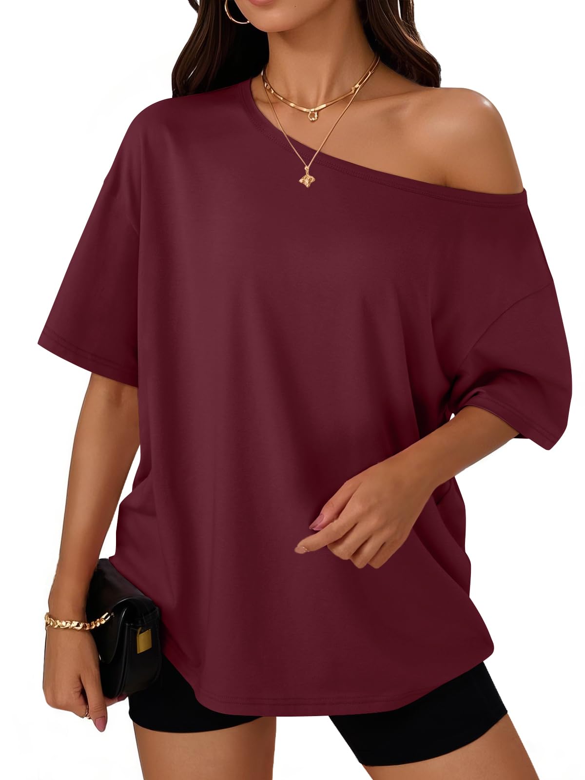Trendy Queen Womens Off the Shoulder Tops Oversized Summer T-Shirts 2026