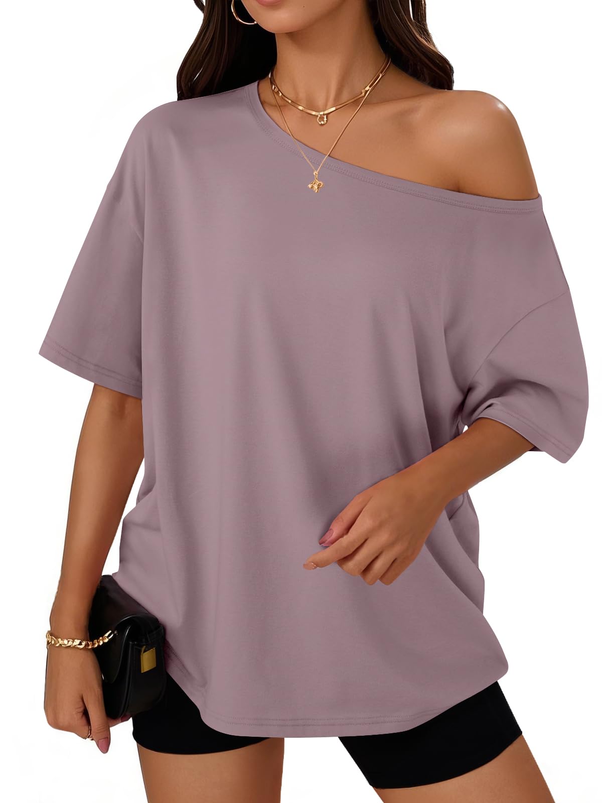 Trendy Queen Womens Off the Shoulder Tops Oversized Summer T-Shirts 2026