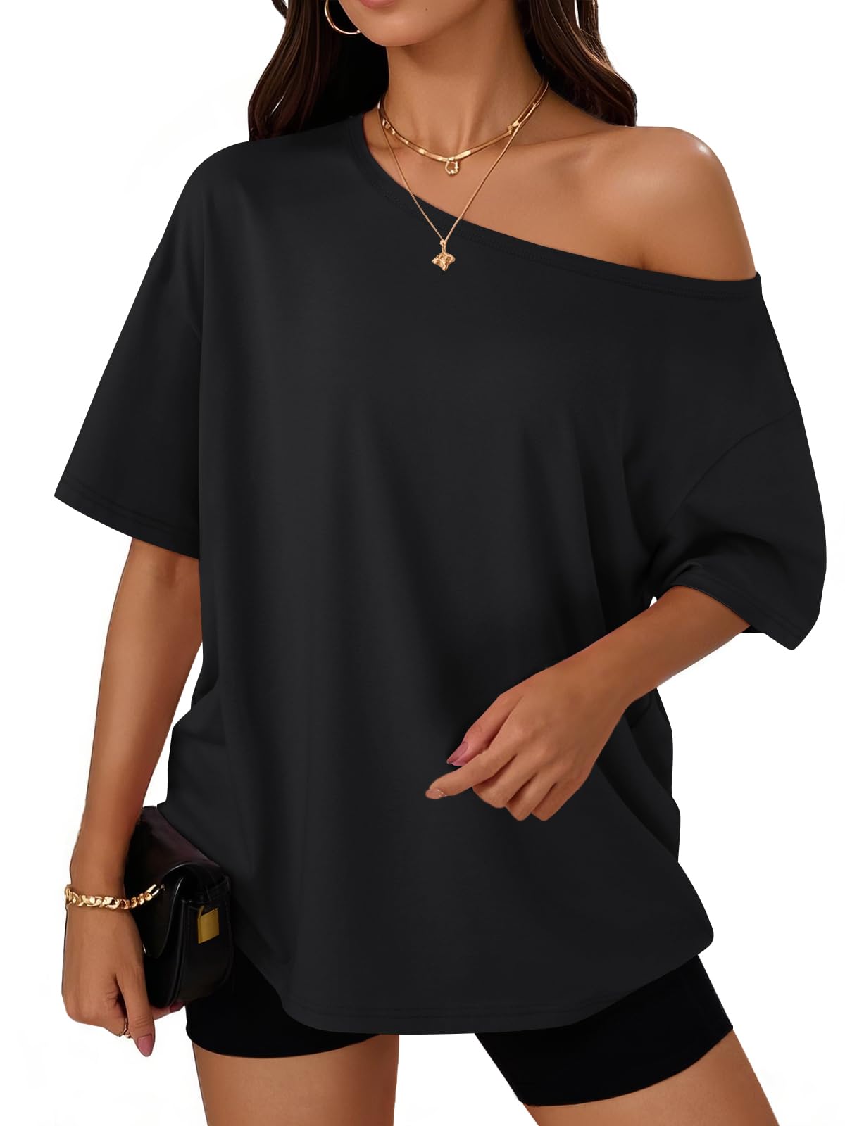 Trendy Queen Womens Off the Shoulder Tops Oversized Summer T-Shirts 2026