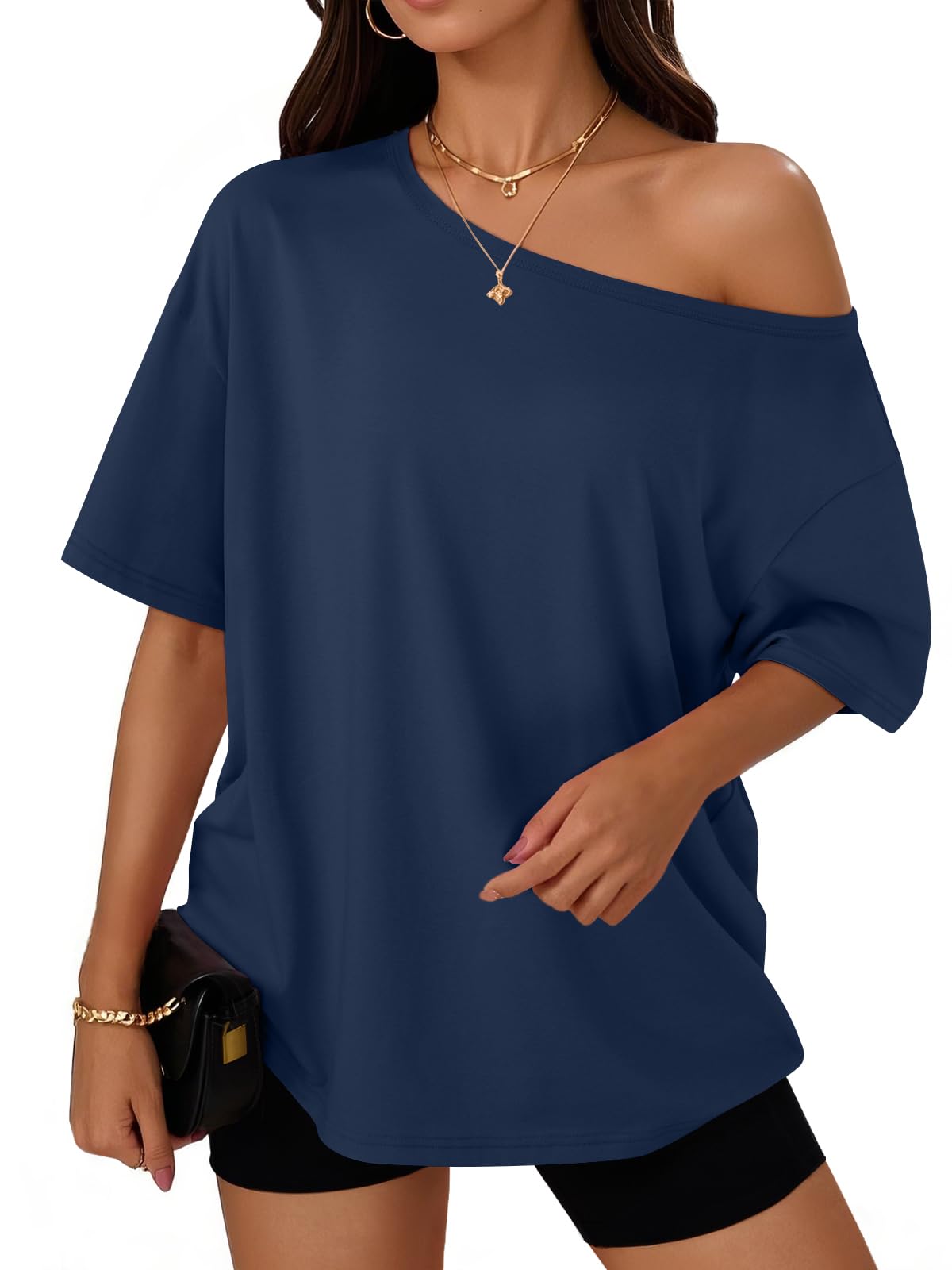 Trendy Queen Womens Off the Shoulder Tops Oversized Summer T-Shirts 2026