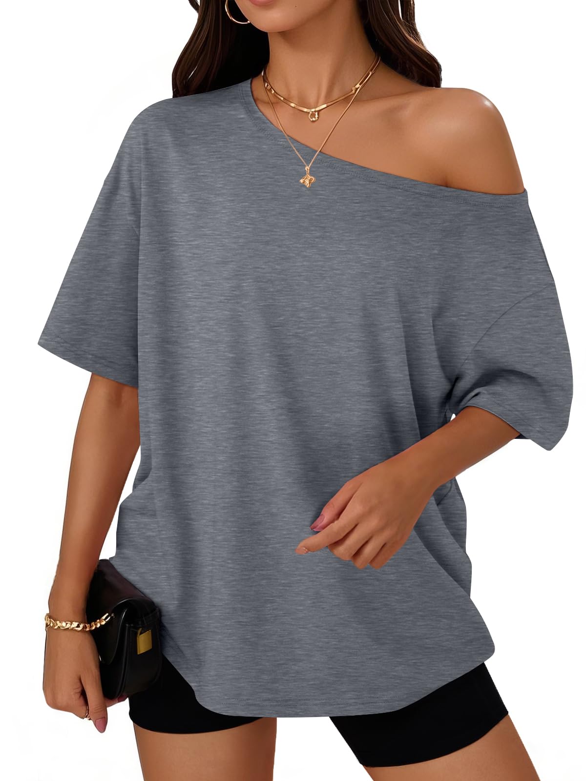 Trendy Queen Womens Off the Shoulder Tops Oversized Summer T-Shirts 2026