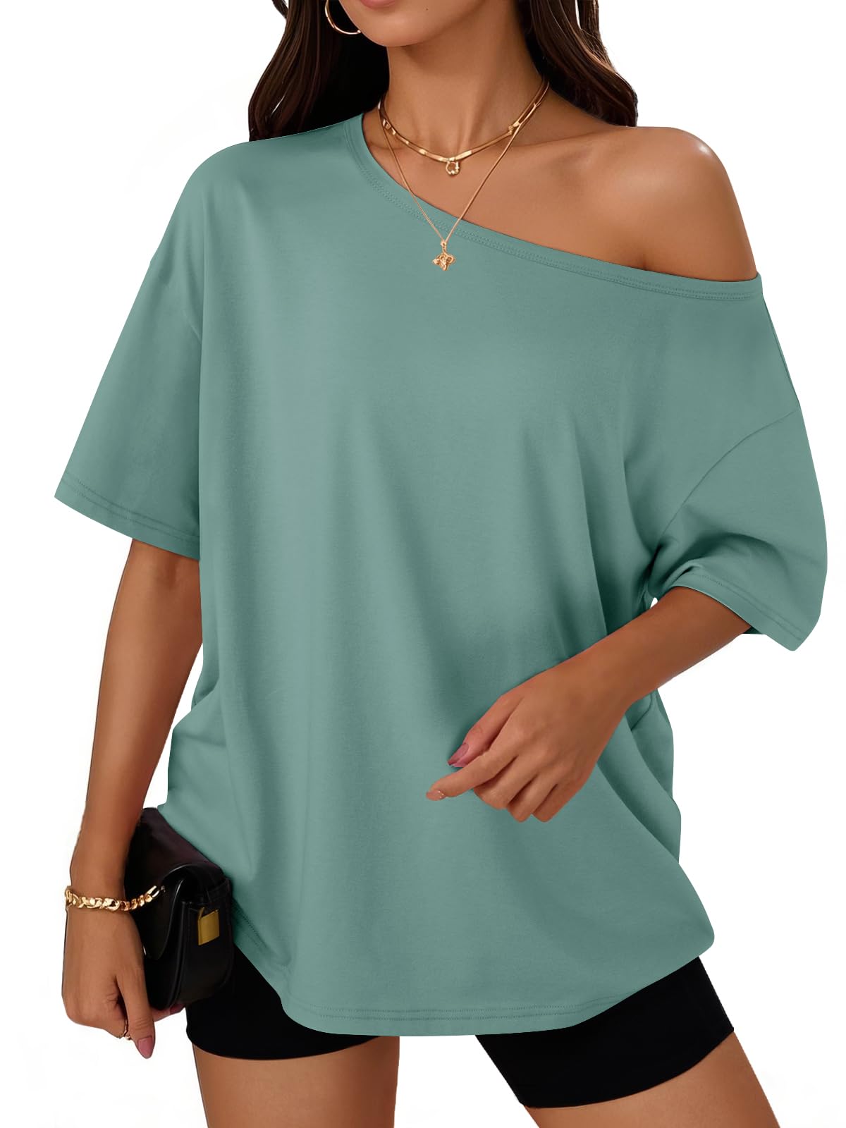 Trendy Queen Womens Off the Shoulder Tops Oversized Summer T-Shirts 2026