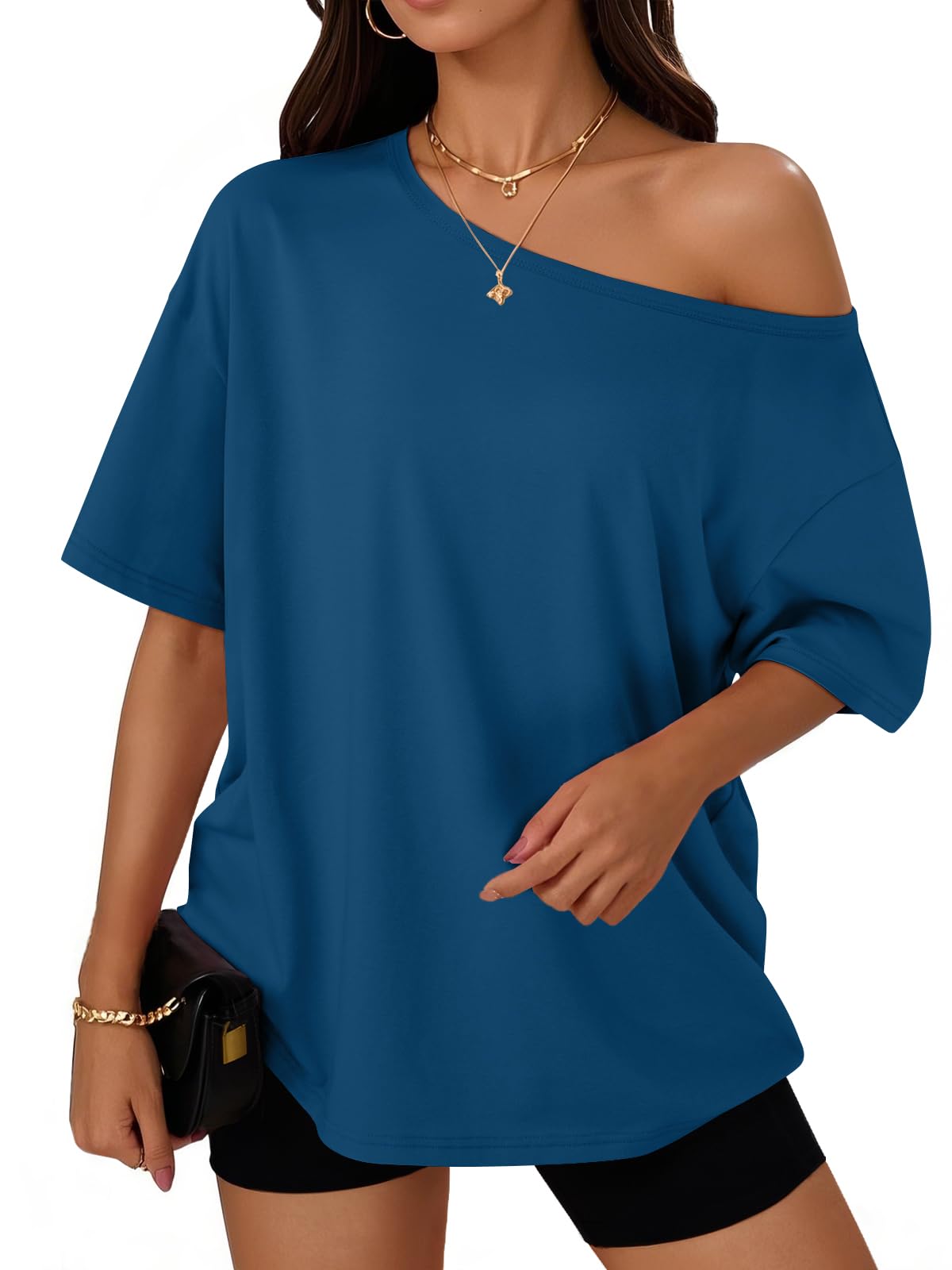 Trendy Queen Womens Off the Shoulder Tops Oversized Summer T-Shirts 2026