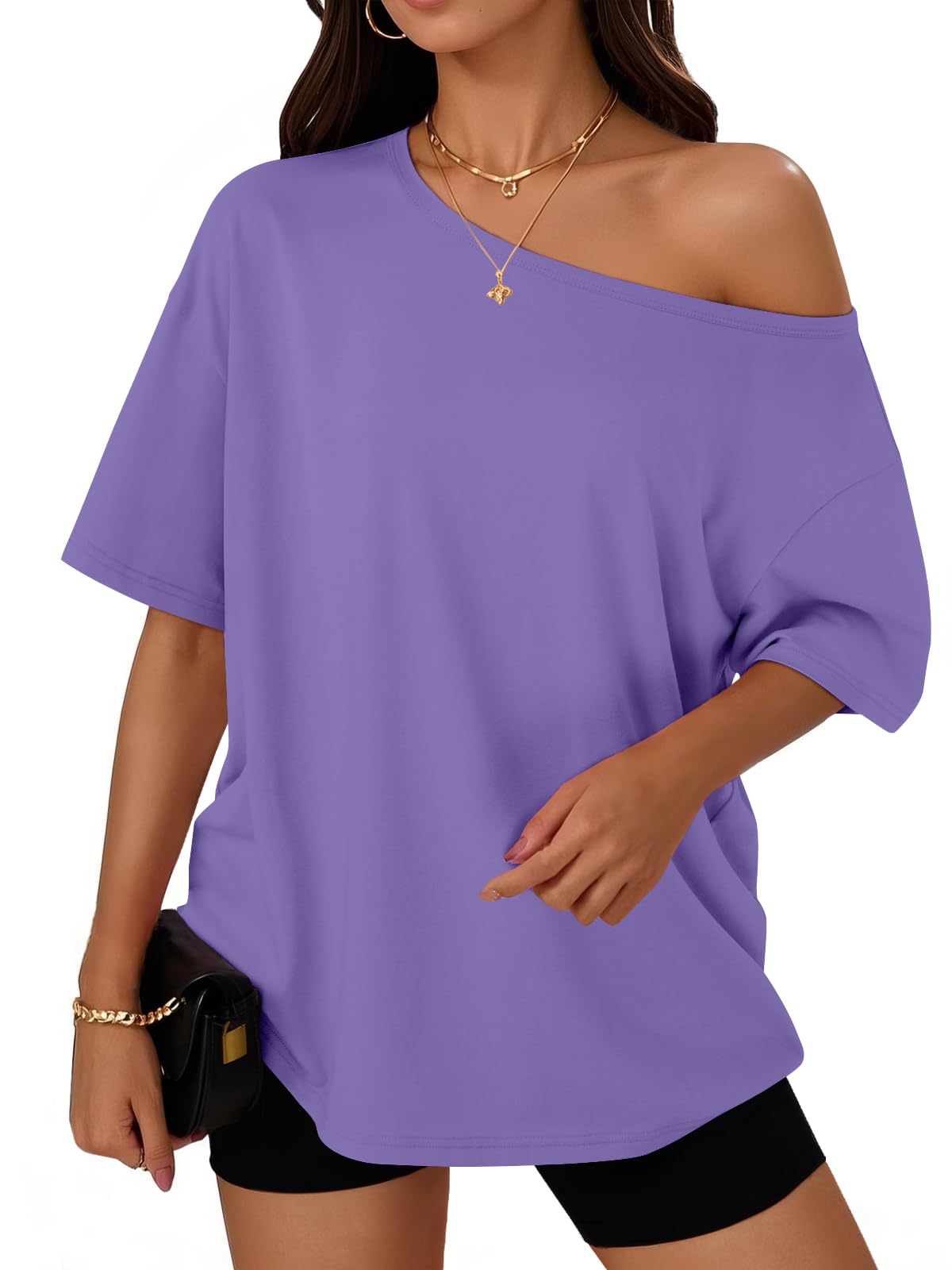 Trendy Queen Womens Off the Shoulder Tops Oversized Summer T-Shirts 2026