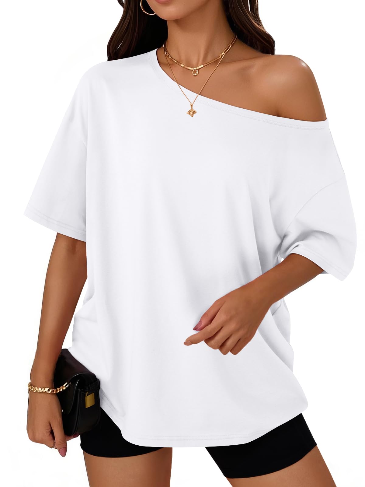 Trendy Queen Womens Off the Shoulder Tops Oversized Summer T-Shirts 2026