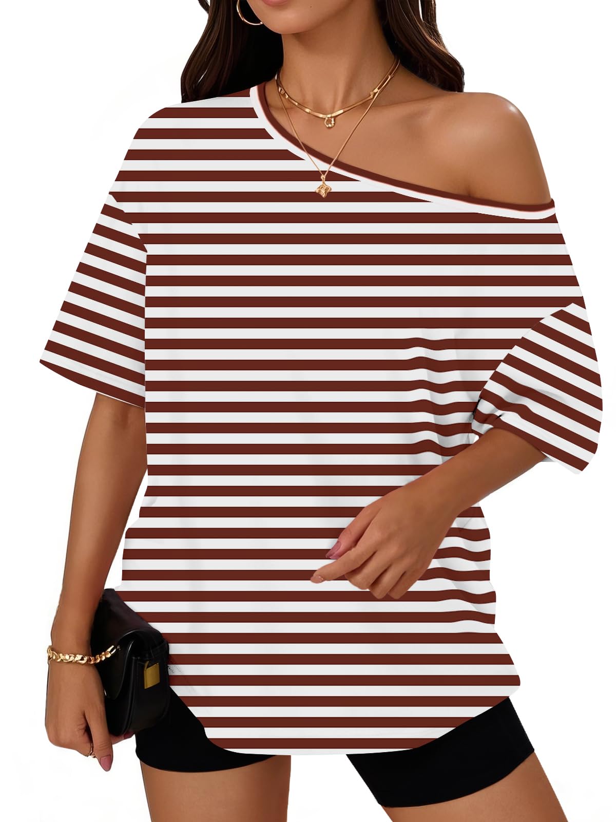 Trendy Queen Womens Off the Shoulder Tops Oversized Summer T-Shirts 2026