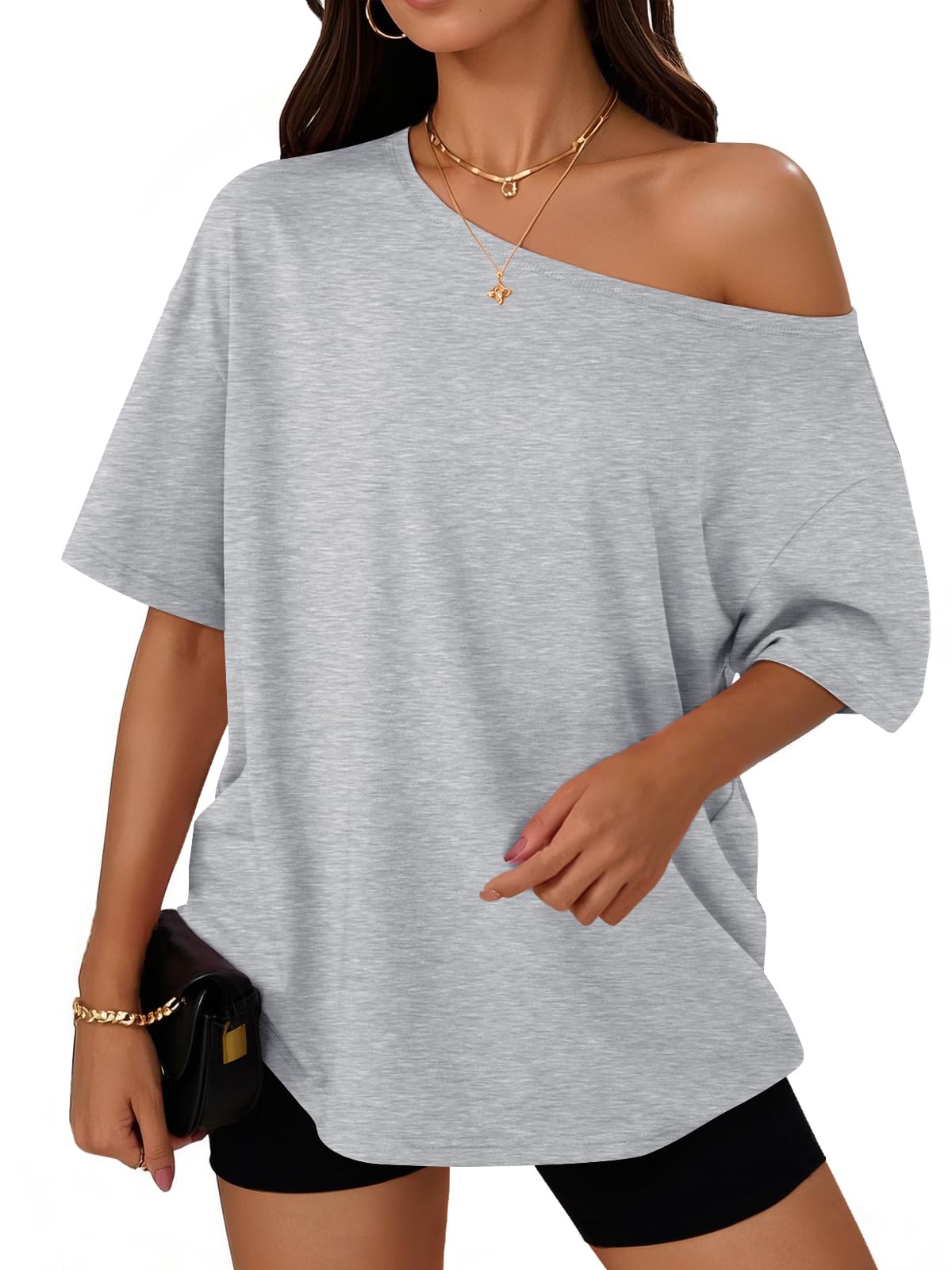 Trendy Queen Womens Off the Shoulder Tops Oversized Summer T-Shirts 2026