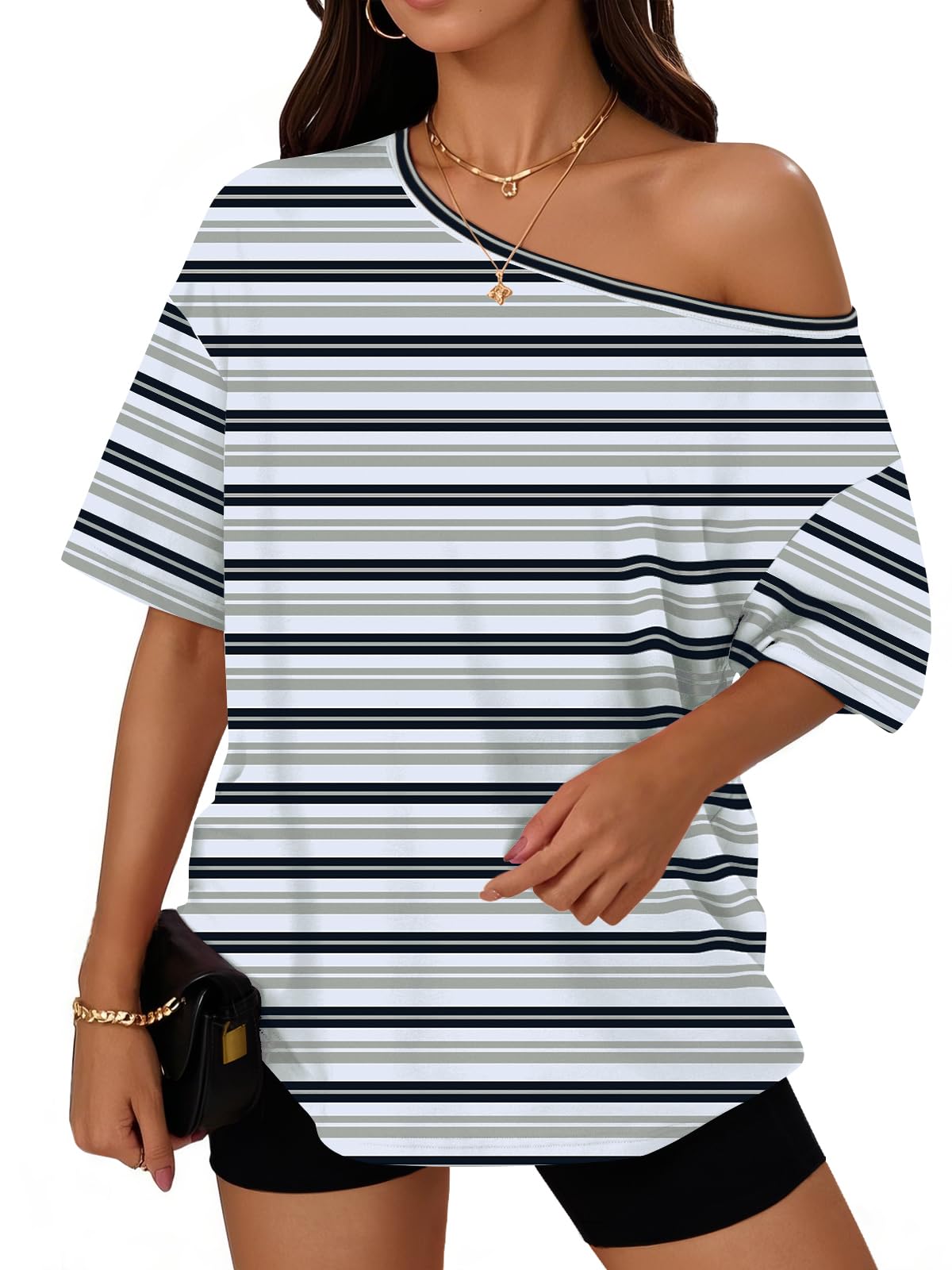 Trendy Queen Womens Off the Shoulder Tops Oversized Summer T-Shirts 2026